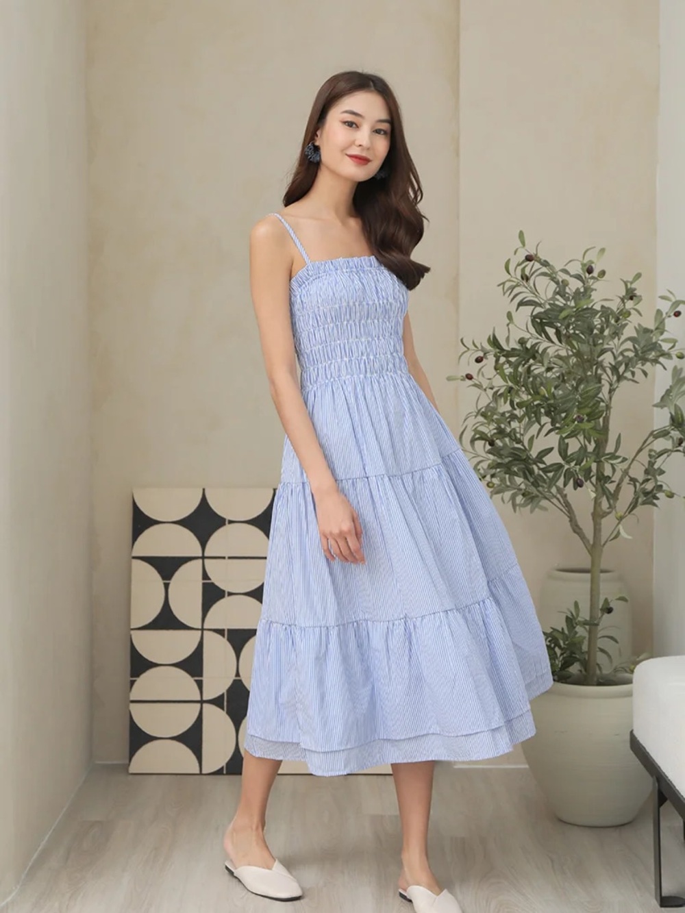 AUREUM Light Blue Smocked Tiered Midi Dress